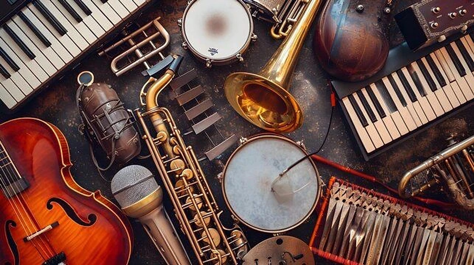 Guitar, kèn, trống, keyboard và micro